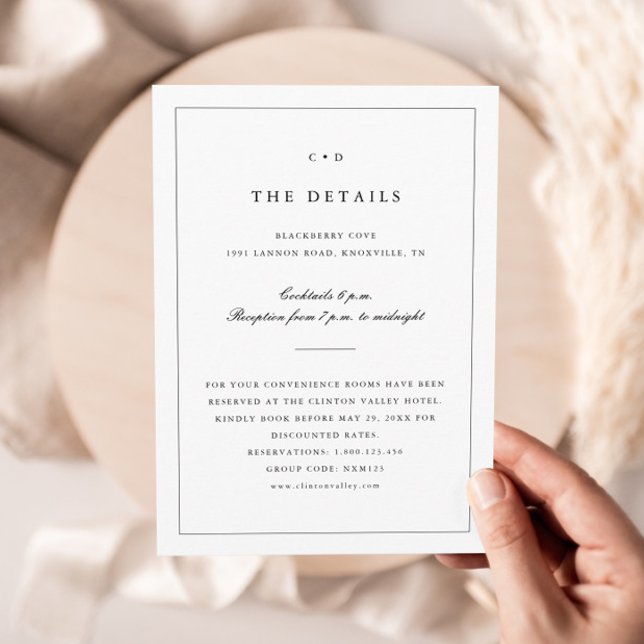 Carte D'accompagnement Détails simples du monogramme de Mariage noir et b (Simple Monogram Wedding Details Enclosure Cards.)