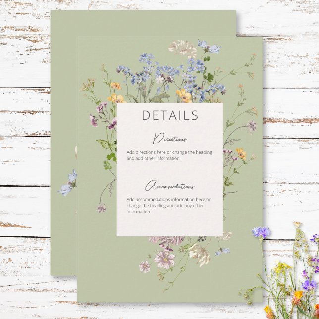 Carte D'accompagnement Détails sur le Boho Fleur sauvage Green (Delicate Boho Wildflowers Green Details Enclosure Card)