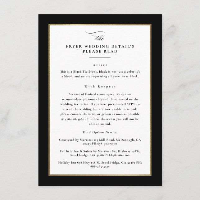 Carte D'accompagnement Détails sur le Mariage Black et Gold Elegant perso (Devant)