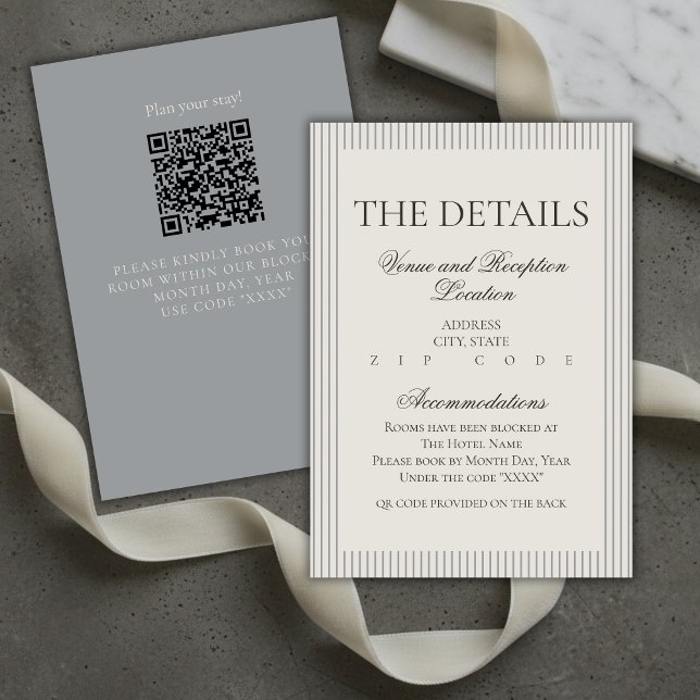 Carte D'accompagnement Détails sur le Mariage de bande neutre du script V (Old Money Script Neutral Stripe Wedding Details Enclosure Card)