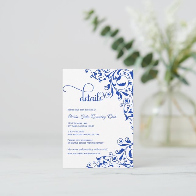 Carte D'accompagnement Détails sur le Mariage du Royal Blue Swirls (Debout devant)