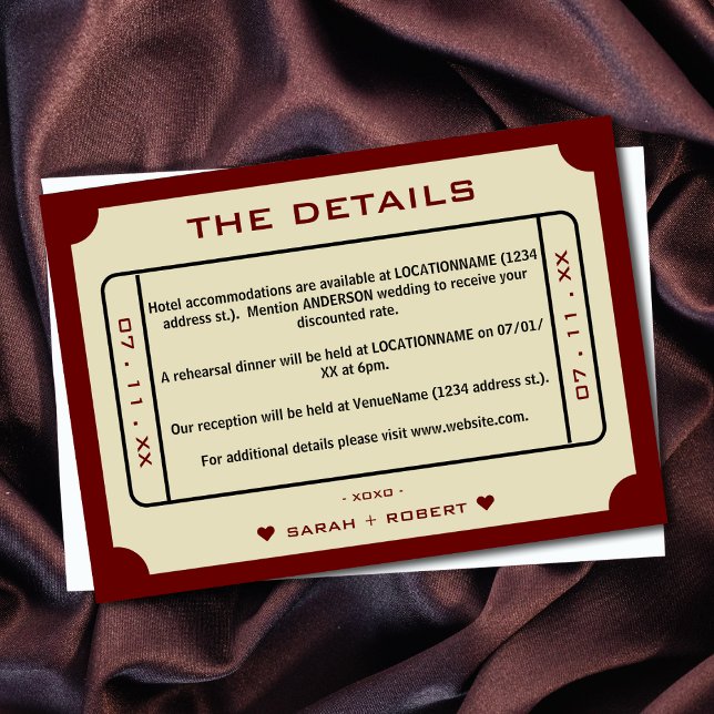 Carte D'accompagnement Détails sur le Mariage du ticket de cinéma rétro (Retro Movie Ticket Wedding Details Enclosure Card)