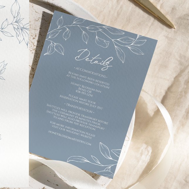Carte D'accompagnement Détails sur le Mariage Dusty Blue Minimal Leaf (Créateur téléchargé)