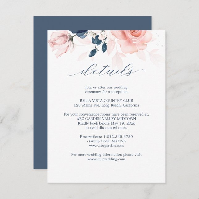 Carte D'accompagnement Détails sur le Mariage floral bleu marine et rose  (Devant / Derrière)
