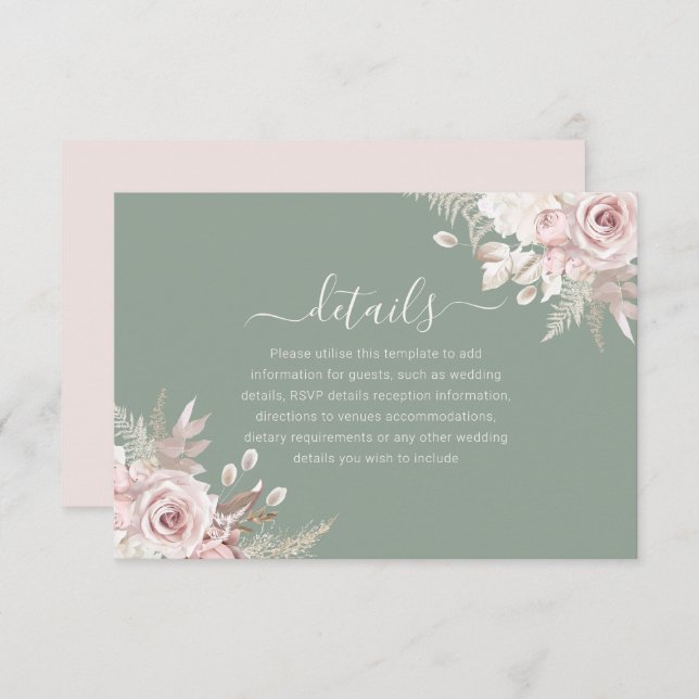 Carte D'accompagnement Détails sur le Mariage floral Blush, Sage & Ivory (Devant / Derrière)