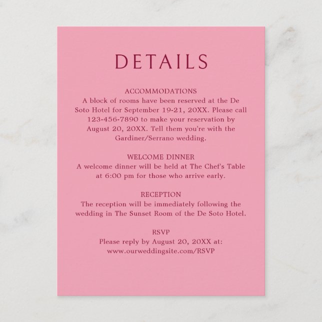 Carte D'accompagnement Détails sur le Mariage Monogram Ampersand Red Pink (Devant)