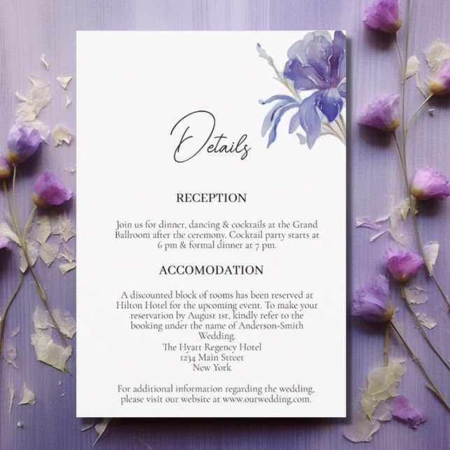 Carte D'accompagnement Détails sur le Mariage Purple Iris Watercolor (Créateur téléchargé)