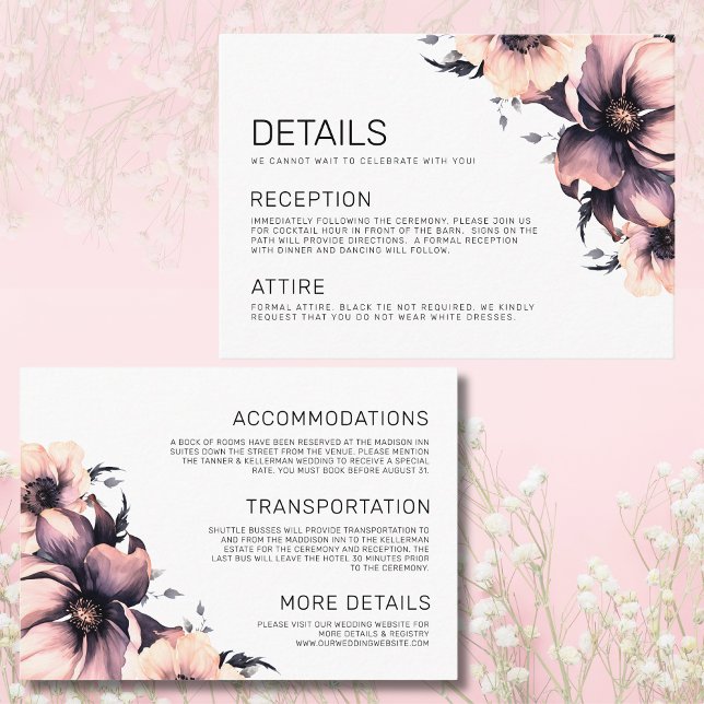Carte D'accompagnement Détails sur l'élégant Mariage rose floral (Elegant Floral Pink Wedding Information Details Enclosure Card)