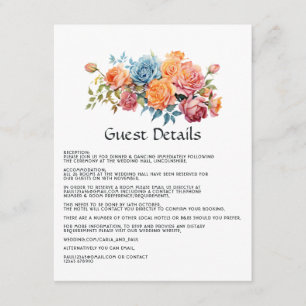 Carte D'accompagnement Détails sur les invités Floraux Bleu, Rose, Orange