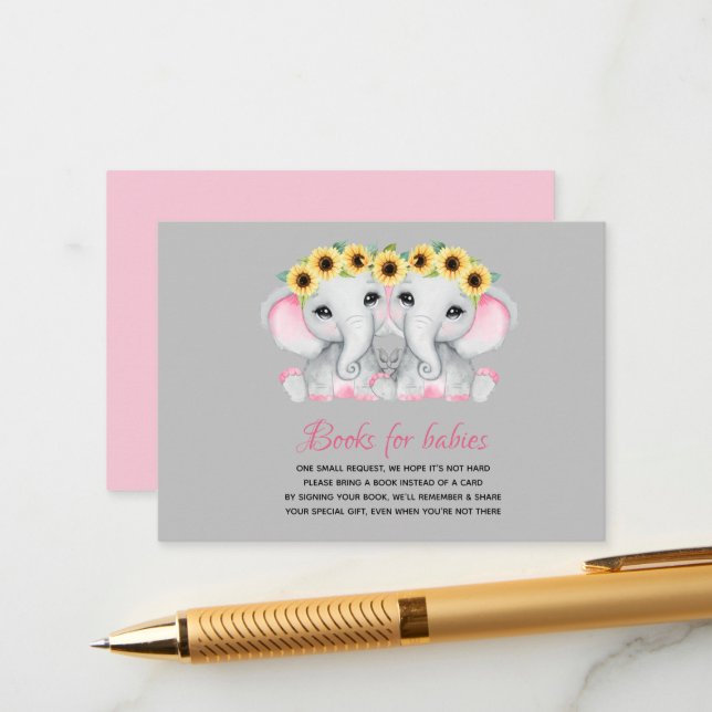 Carte D'accompagnement Deux filles éléphants roses avec des couronnes de  (Devant/Arrière en situation)