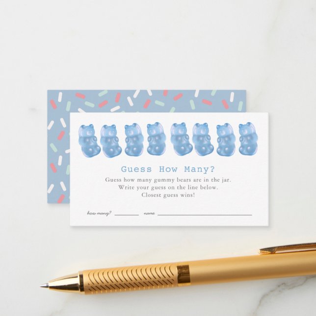 Carte D'accompagnement Devinez combien de Gummy Bears Baby shower Bleu je (Devant/Arrière en situation)