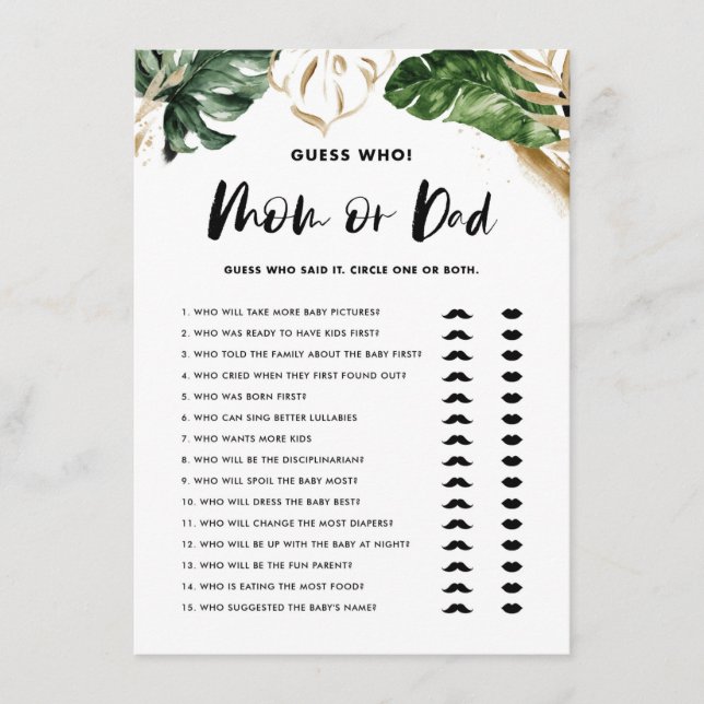 Carte D'accompagnement Devis Tropical Qui Maman ou Papa Baby shower Jeu (Devant)