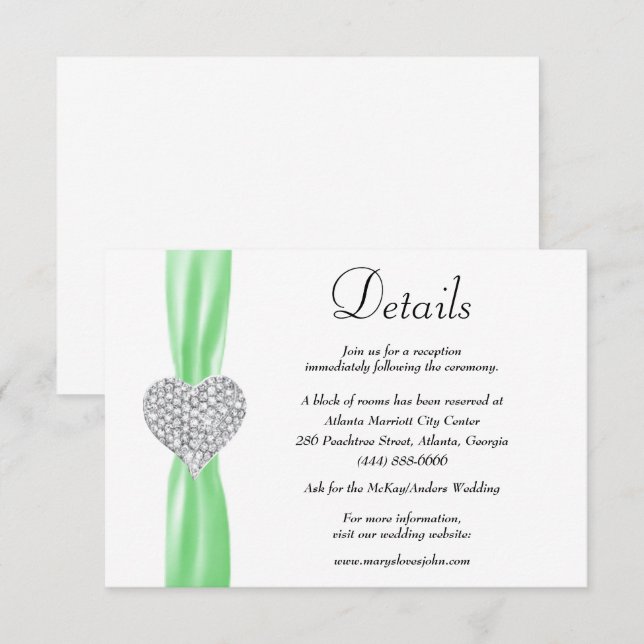 Carte D'accompagnement Diamond Heart Green Ribbon Détails du Mariage (Devant / Derrière)