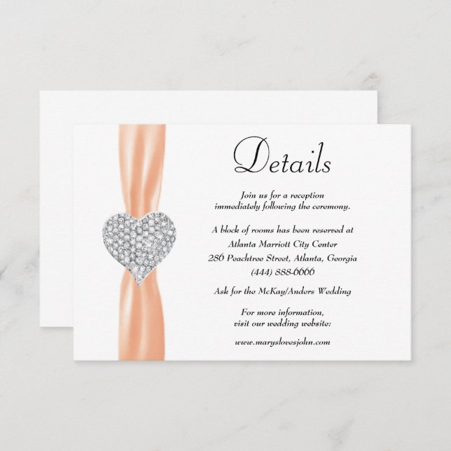 Carte D'accompagnement Diamond Heart Orange Ribbon Détails du Mariage (Devant / Derrière)