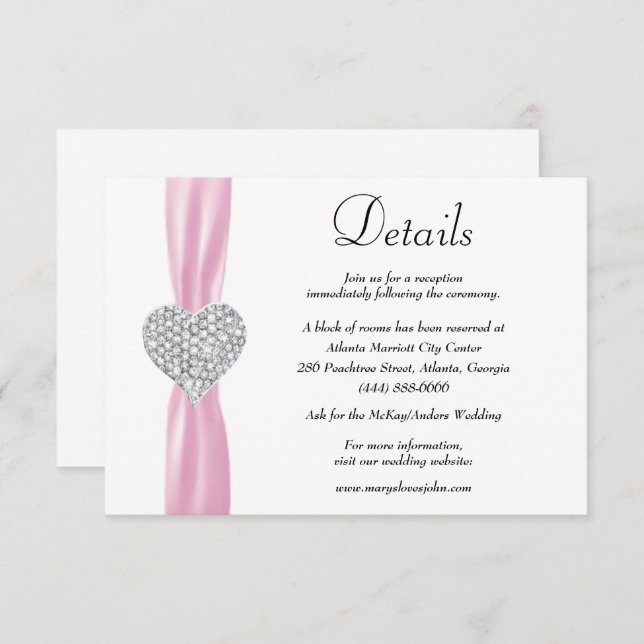 Carte D'accompagnement Diamond Heart Pink Ribbon Détails du Mariage (Devant / Derrière)