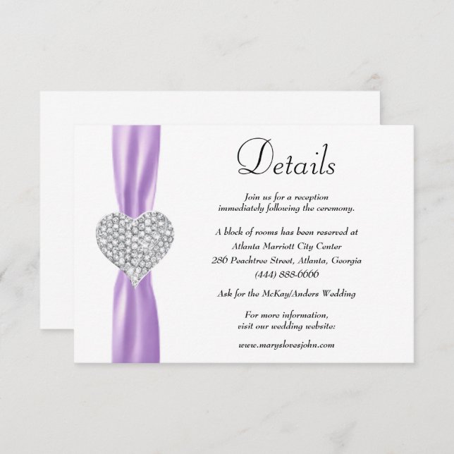 Carte D'accompagnement Diamond Heart Purple Ribbon Détails du Mariage (Devant / Derrière)