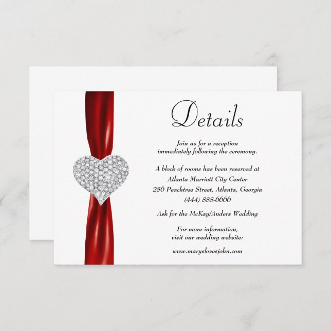 Carte D'accompagnement Diamond Heart Red Ribbon Détails du Mariage (Devant / Derrière)