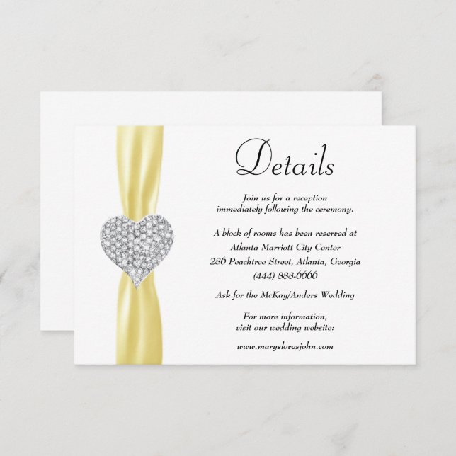 Carte D'accompagnement Diamond Heart Yellow Ribbon Détails du Mariage (Devant / Derrière)