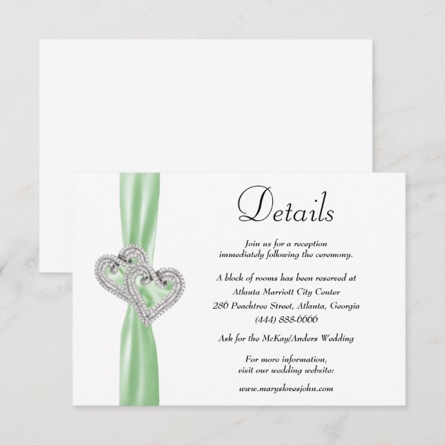 Carte D'accompagnement Diamond Hearts Green Ribbon Détails du Mariage (Devant / Derrière)