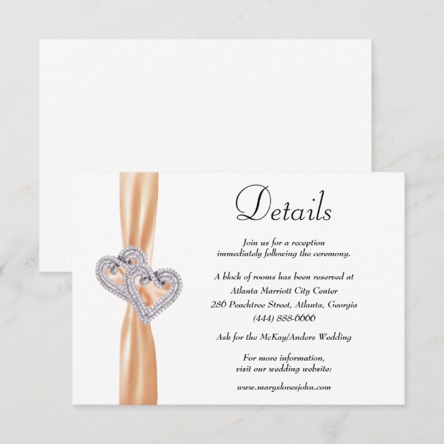 Carte D'accompagnement Diamond Hearts Orange Ribbon Détails du Mariage (Devant / Derrière)