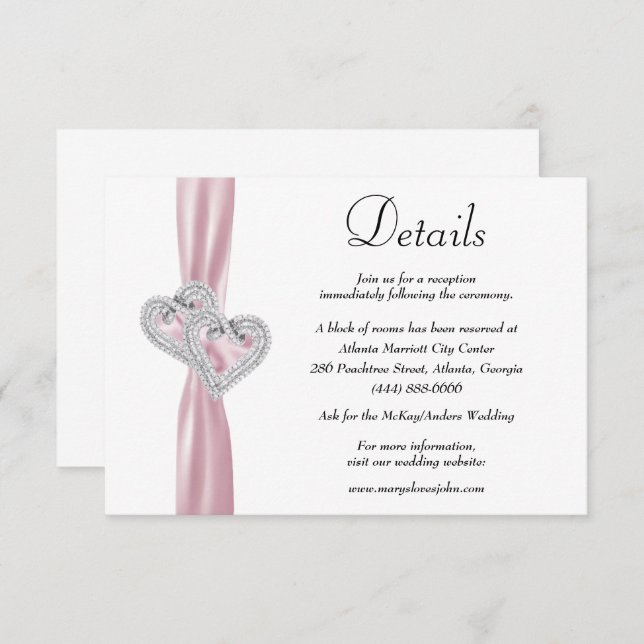 Carte D'accompagnement Diamond Hearts Pink Ribbon Détails du Mariage (Devant / Derrière)