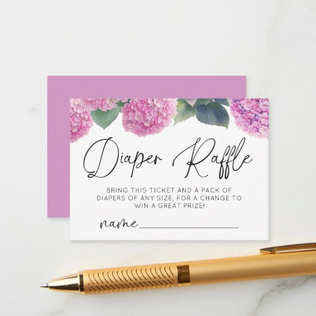 Carte D'accompagnement Diaper Raffle Hydrangea C'est un Baby shower de fi (Devant/Arrière en situation)