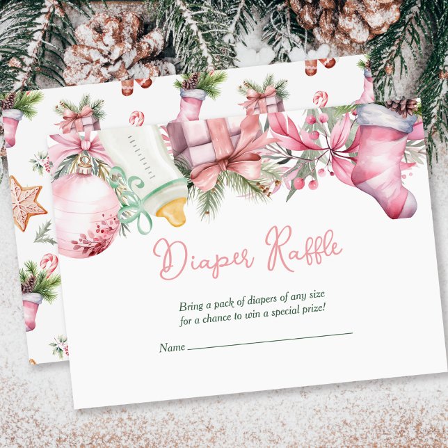 Carte D'accompagnement Diaper Raffle Noël Père Noël Baby shower rose (Créateur téléchargé)