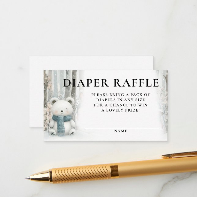 Carte D'accompagnement Diaper Raffle Winter Snow Woodlands Baby Shower (Devant/Arrière en situation)
