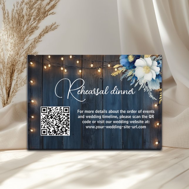Carte D'accompagnement Dîner de répétition de code QR en bois bleu (Créateur téléchargé)