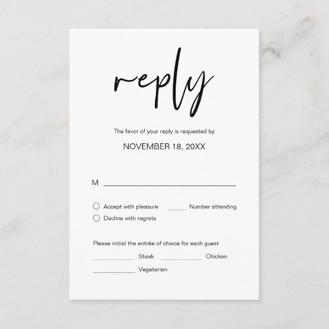 Carte D'accompagnement Dîner mariage RSVP, avec options de repas (Devant)