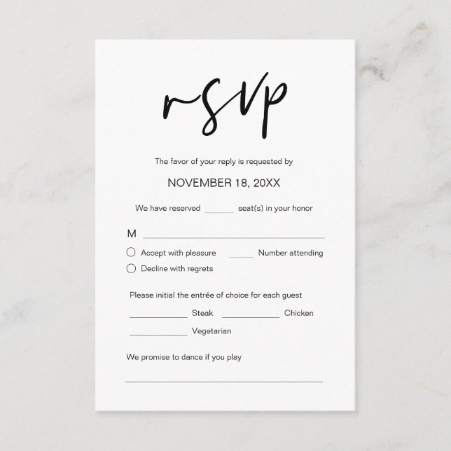 Carte D'accompagnement Dîner mariage RSVP, options de repas, demande de c (Devant)