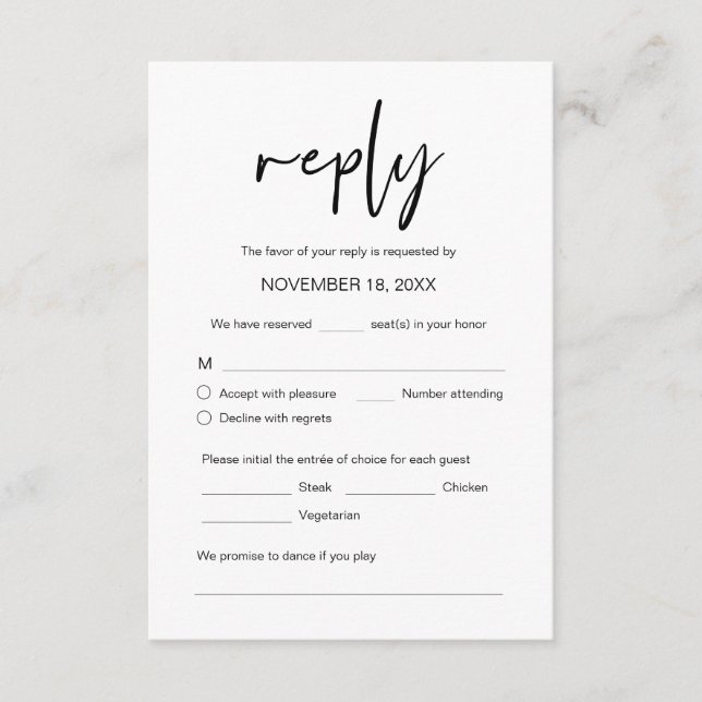 Carte D'accompagnement Dîner mariage RSVP, options de repas, demande de c (Devant)