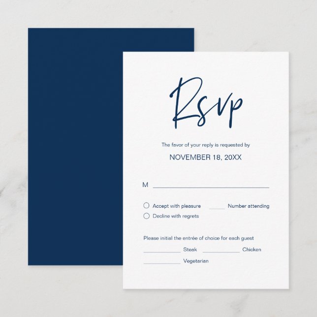 Carte D'accompagnement Dîner mariage RSVP, options de repas, police bleu  (Devant / Derrière)