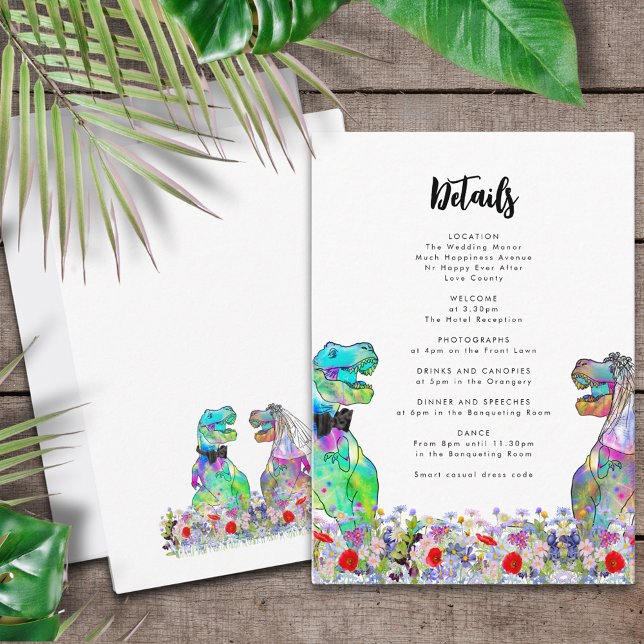 Carte D'accompagnement Dinosaur Mariage à thème Détails (T-Rex bride and groom with colorful wildflowers dinosaur wedding invitation details enclosure card)