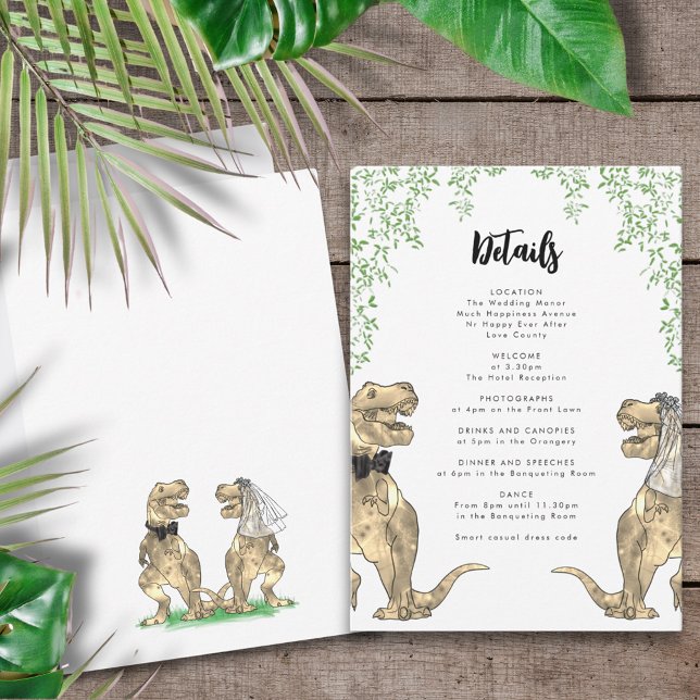 Carte D'accompagnement Dinosaur Thème Mariage Détails (T-Rex bride and groom dinosaur wedding invitation details enclosure card)