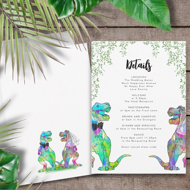 Carte D'accompagnement Dinosaur Thème Mariage Détails (T-Rex bride and groom colorful dinosaur wedding invitation details enclosure card)