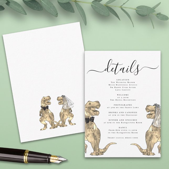 Carte D'accompagnement Dinosaur Thème Mariage Détails (T-Rex bride and groom funny dinosaur wedding invitation enclosure card modern elegant script)