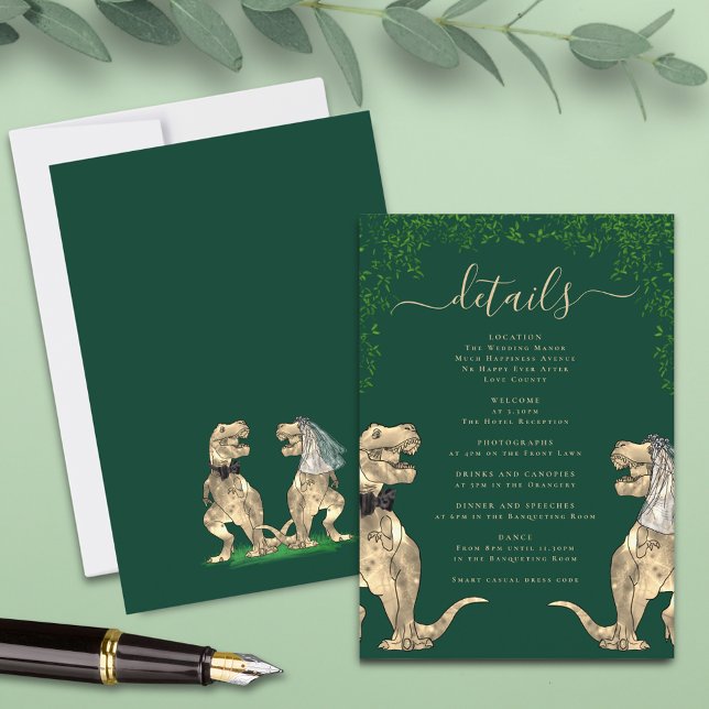 Carte D'accompagnement Dinosaur Thème Mariage Détails Vert (T-Rex bride and groom funny dinosaur wedding details dark green enclosure card watercolor eucalyptus)
