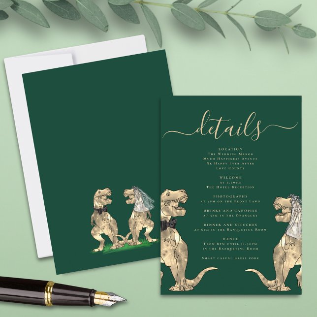 Carte D'accompagnement Dinosaur Thème Mariage Détails Vert (T-Rex bride and groom funny dinosaur wedding details dark green enclosure card)
