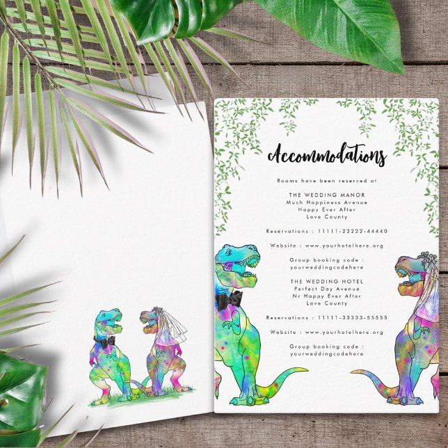 Carte D'accompagnement Dinosaur Thème Mariage Hébergements (T-Rex bride and groom colorful dinosaur wedding invitation accommodations enclosure card)