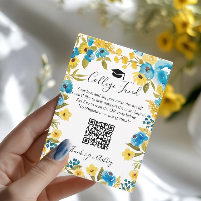Carte D'accompagnement Diplôme de la Fondation Universitaire Fleurie Bleu (Blue and Yellow Floral College Fund Graduation Enclosure Card)
