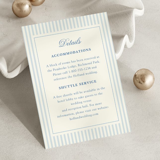 Carte D'accompagnement Directions rayures bleues françaises formelles et  (classic blue stripes details wedding enclosure card)