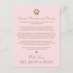 Carte D'accompagnement Don de sauvetage animal Mariage d'or rose