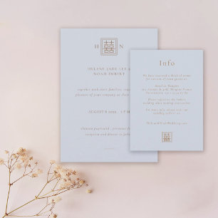 Carte D'accompagnement Double Bonheur Dusty Blue & Gold Mariage chinois