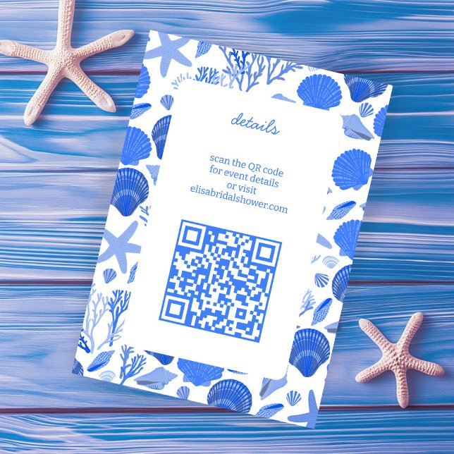 Carte D'accompagnement Douce soirée de coquillages Bleu chic plage QR PER (Seashells Bridal Shower Chic Blue Beach CUSTOM QR Enclosure Card
)