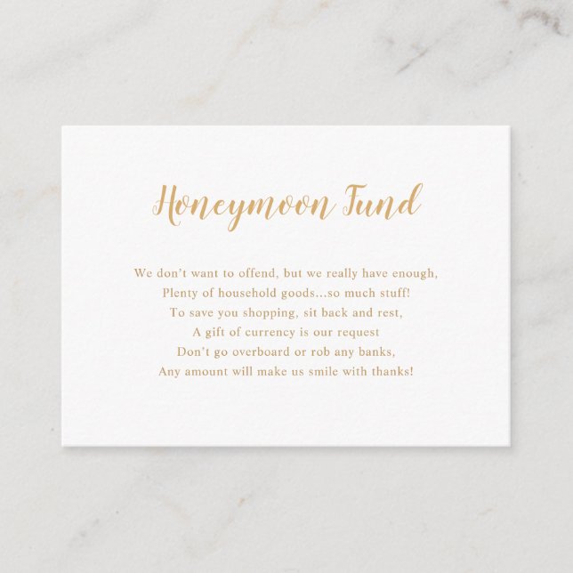 Carte D'accompagnement Douche nuptiale simple Gold Honeymoon Fund (Devant)