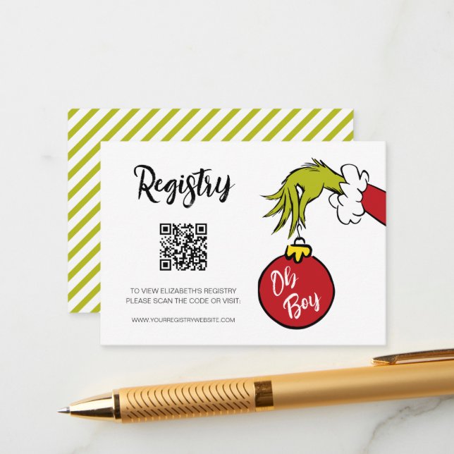 Carte D'accompagnement Dr Seuss | Registre de Baby shower Oh Boy Grinch (Devant/Arrière en situation)