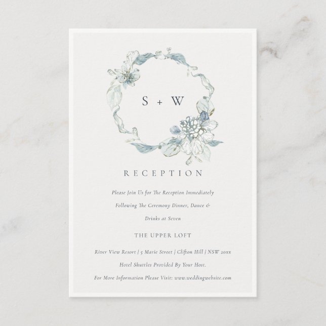 Carte D'accompagnement Dusky Blue Flora Wreath Monogramme Réception de ma (Devant)