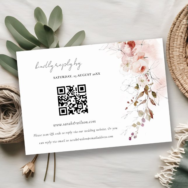 Carte D'accompagnement Dusky Fall Marsala Floral Mariage QR Code RSVP (Créateur téléchargé)