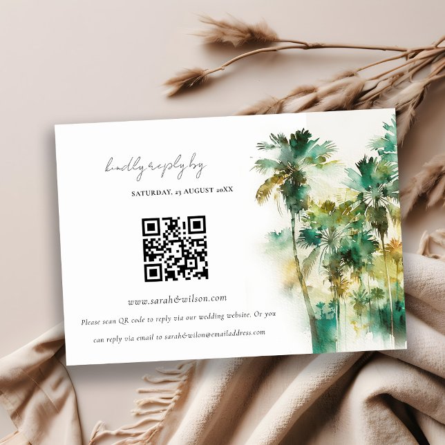 Carte D'accompagnement Dusky Green Tropical Palm Trees Mariage QR Code (Créateur téléchargé)